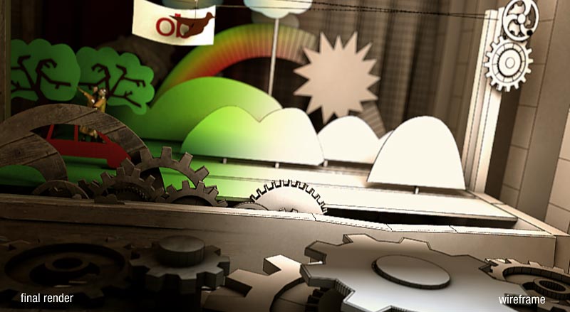 Stage inside the clock made from flat carton planes. Final render vs. wireframe preview.